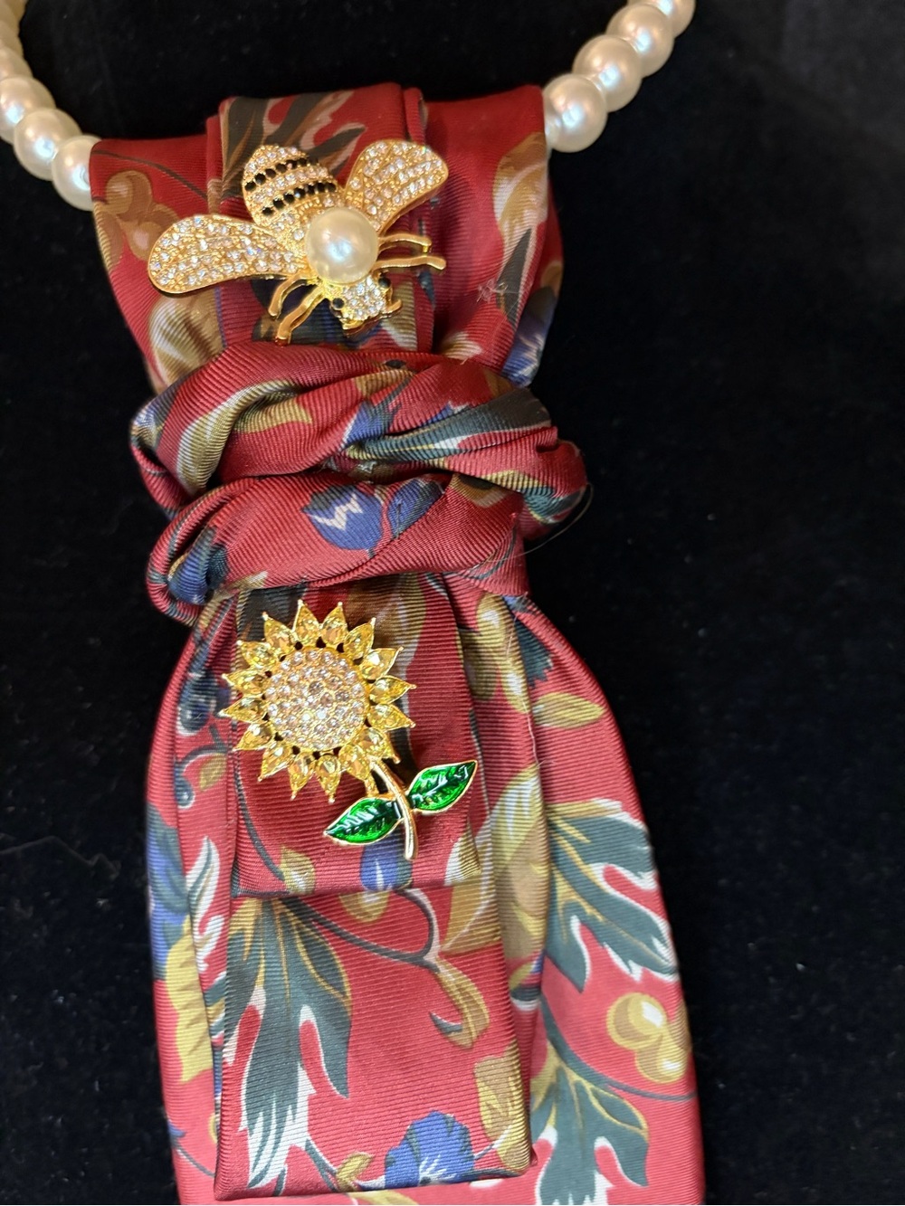 Christian Dior Red Floral Silk Tie with Gold Bee and Sunflower Brooches